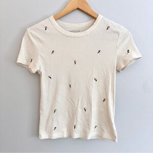 American Eagle Outfitters Cream Embroidered Short Sleeve Tee